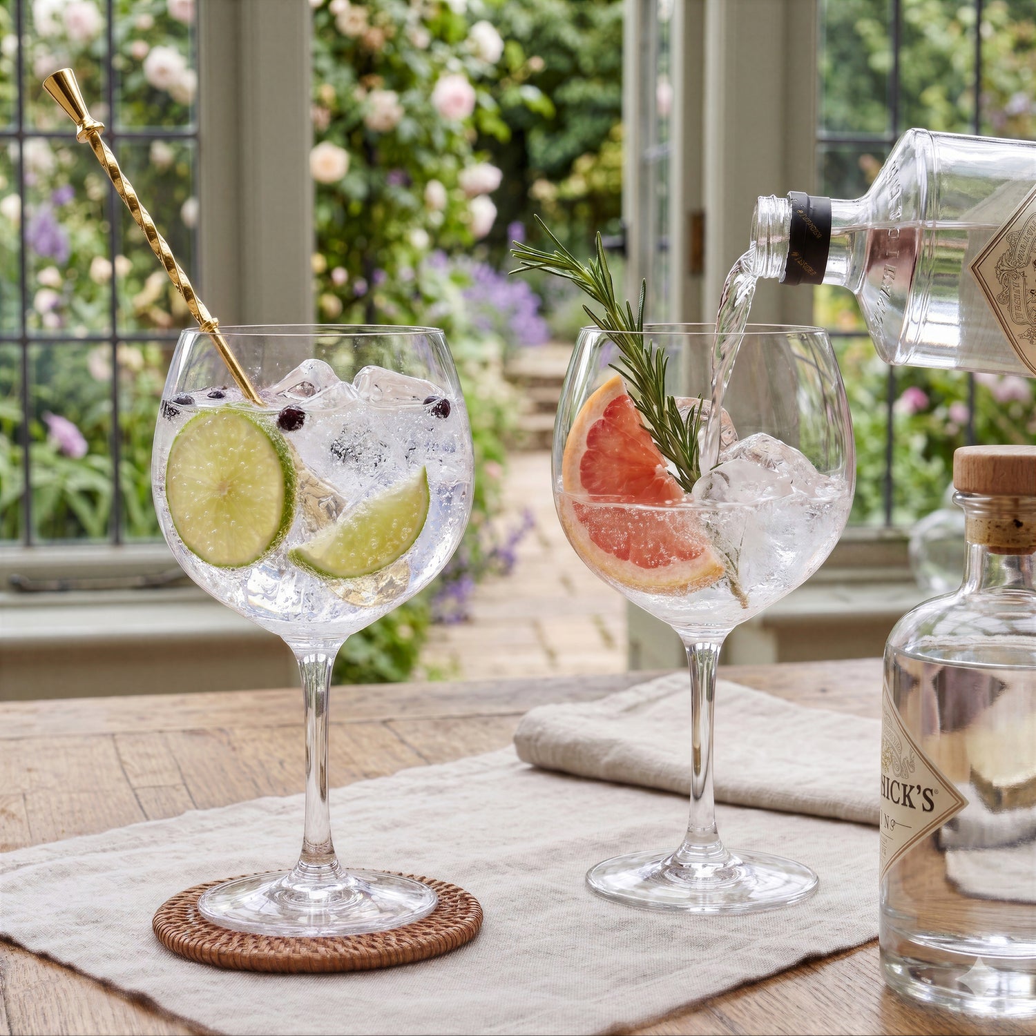 Final Touch Copa Cocktail Glass filled with a gin and tonic cocktail, ice, and lime slices in a lifestyle garden setting