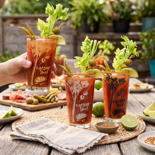 Final Touch Caesar Time cocktail glasses set of 3 with gold, silver, and black celery and lime graphics filled with garnished Caesars on an outdoor rustic patio table setup.