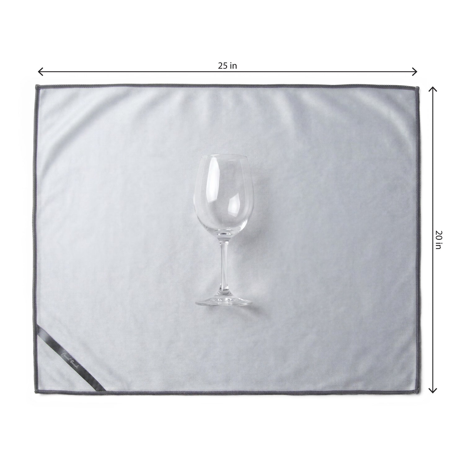 Final Touch 25x20 extra large microfiber wine glass polishing cloth flat lay with stemware for size comparison