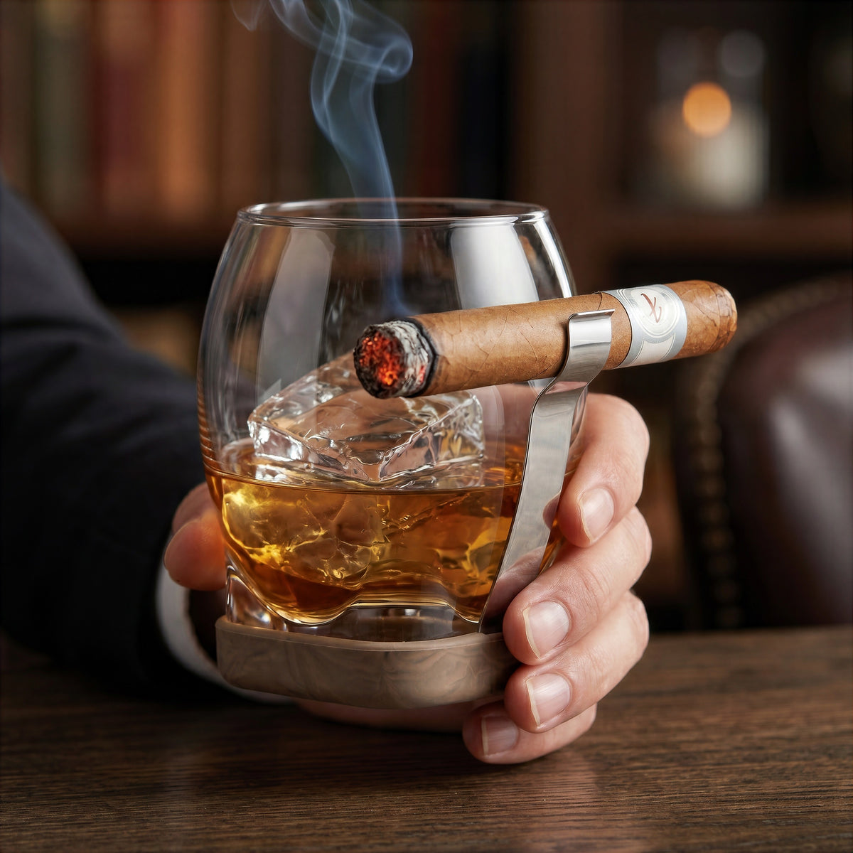 Final Touch whiskey cigar glass with built-in metal cigar holder being held by a hand, featuring a lit cigar with smoke, amber bourbon, and a large ice cube on a wooden table.