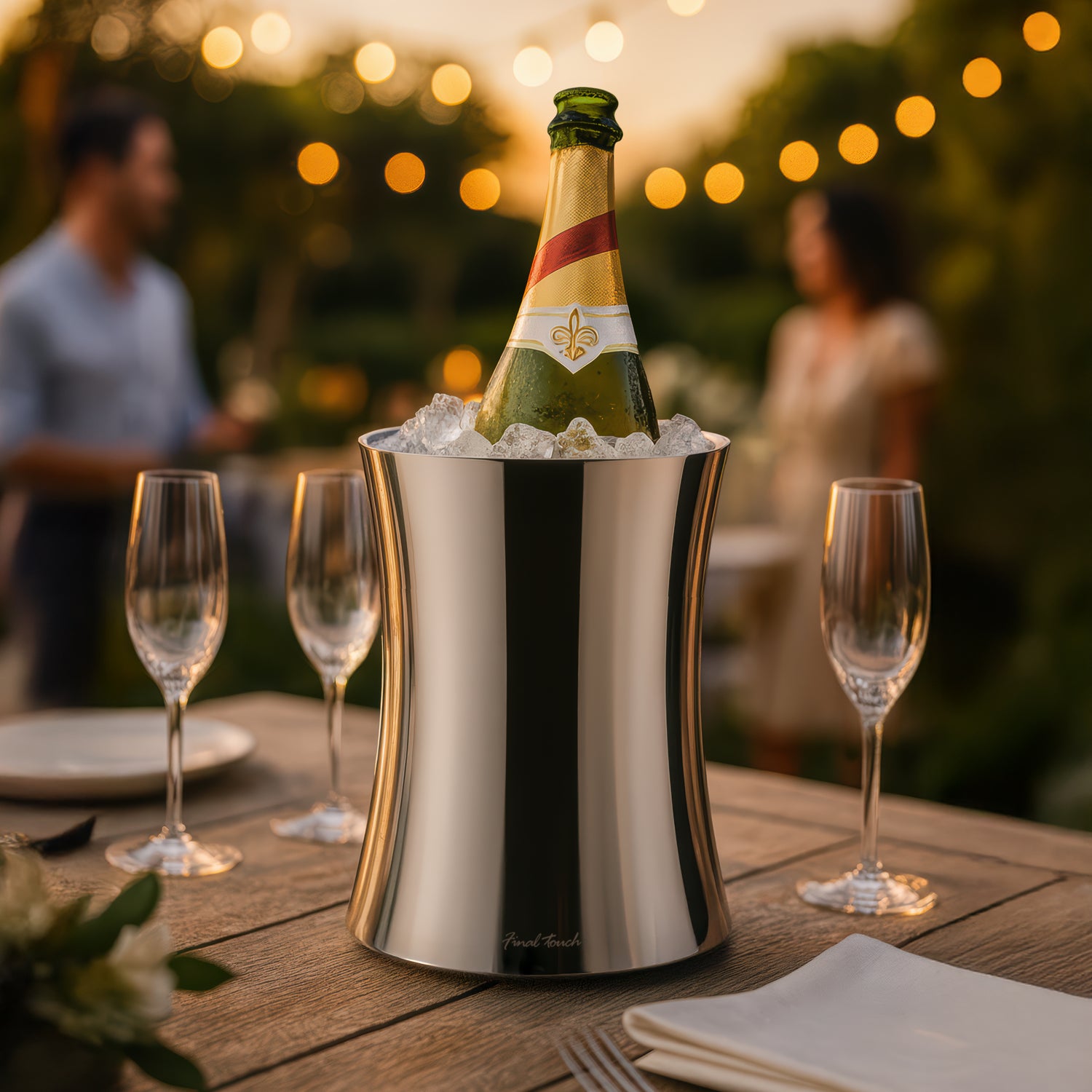 Bottle of champagne in an ice bucket with wine glasses on a wooden table outdoors.