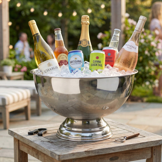 Final Touch luxury metal wine chiller bowl and beverage tub on a wooden side table during an outdoor summer gathering.