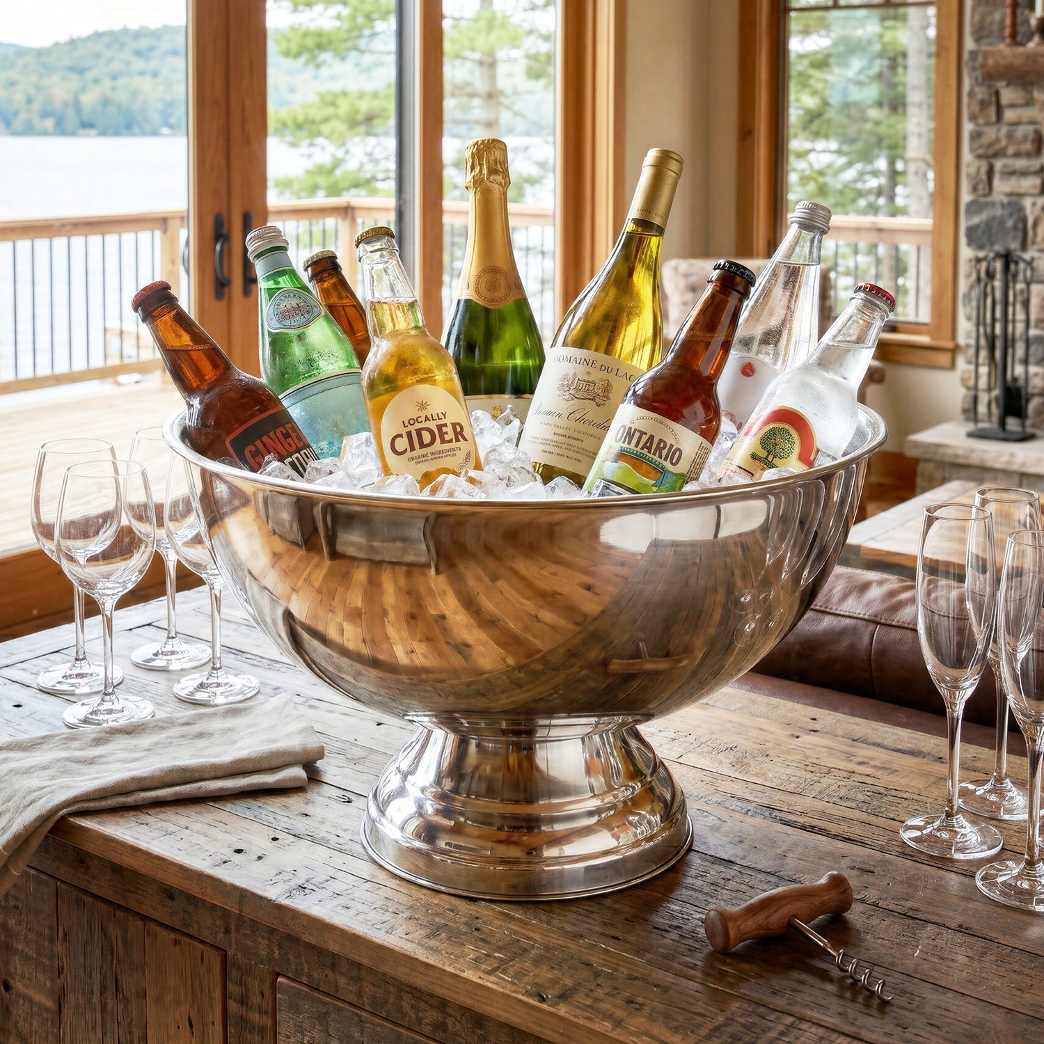 High-end Muskoka cottage interior featuring the Final Touch stainless steel party ice bowl with chilled wine and drinks, overlooking a scenic lakeview.