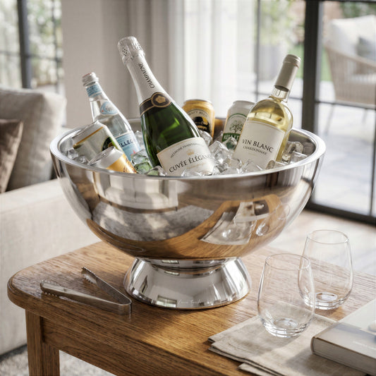 Final Touch Double-Wall Beverage Bin in polished stainless steel filled with ice, champagne, and white wine on a wooden table alongside stemless Red Wine Glasses and ice tongs.