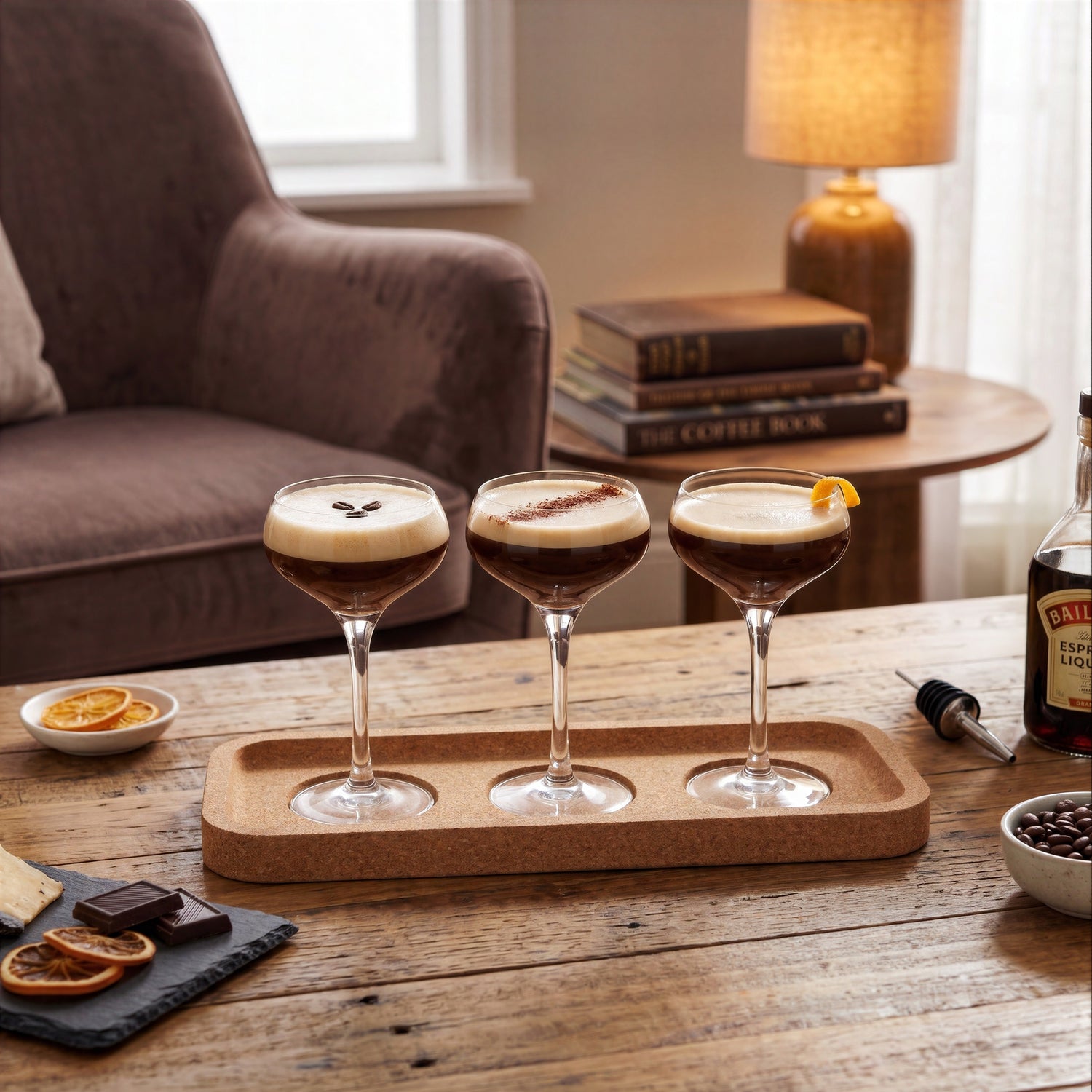 Final Touch Espresso Martini Flight Set with three cocktail coupe glasses served on a cork serving tray over a rustic wooden coffee table.