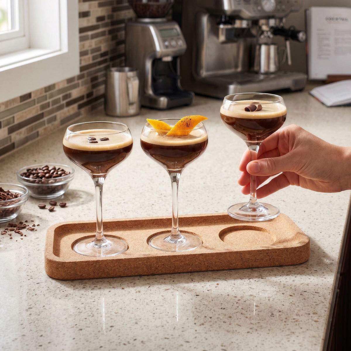 A hand lifting a coupe glass from the Final Touch Espresso Martini Flight Set, styled on a kitchen countertop next to an espresso machine and coffee beans.