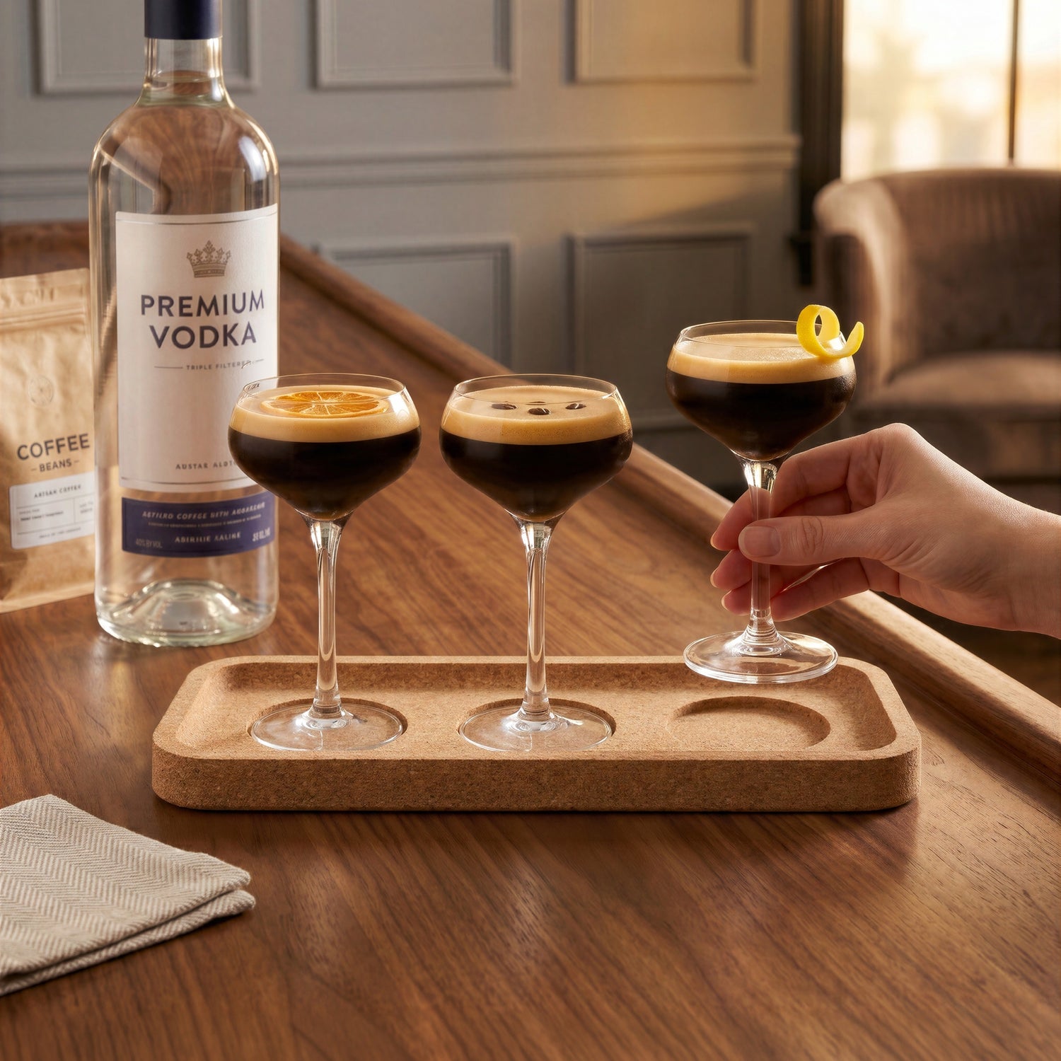 Final Touch Espresso Martini Flight Set on a sleek wooden bar counter next to a premium vodka bottle and coffee bean bag, featuring creative cocktail garnishes.