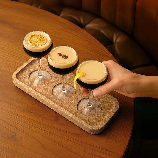 Espresso Martini drinks with a hand holding one on a cork tray flight.