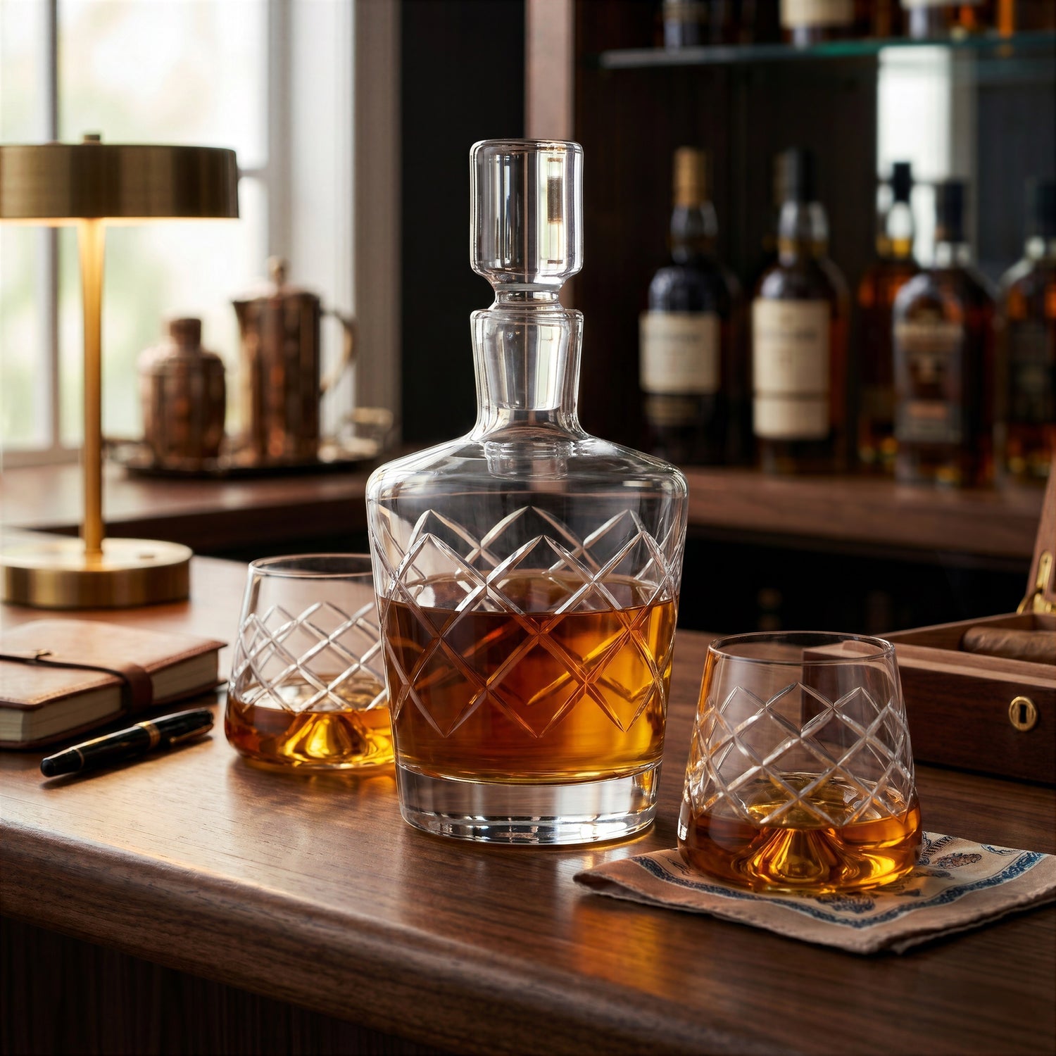 Final Touch 4 piece lead-free crystal whiskey decanter set featuring a diamond-cut lattice pattern, including one decanter with a glass stopper and two matching tumblers filled with amber whiskey on a wooden bar.