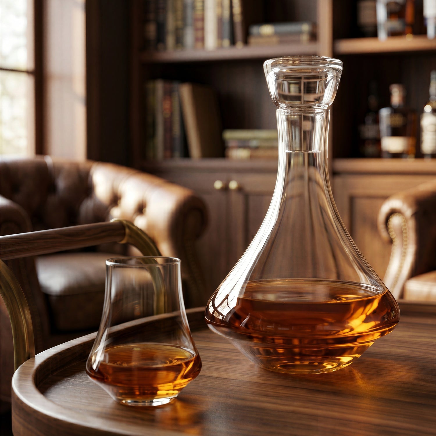 Final Touch Revolve Whiskey Decanter set on a dark wood table with cigars and a matching glass, showcasing the unique angular wide-base design.