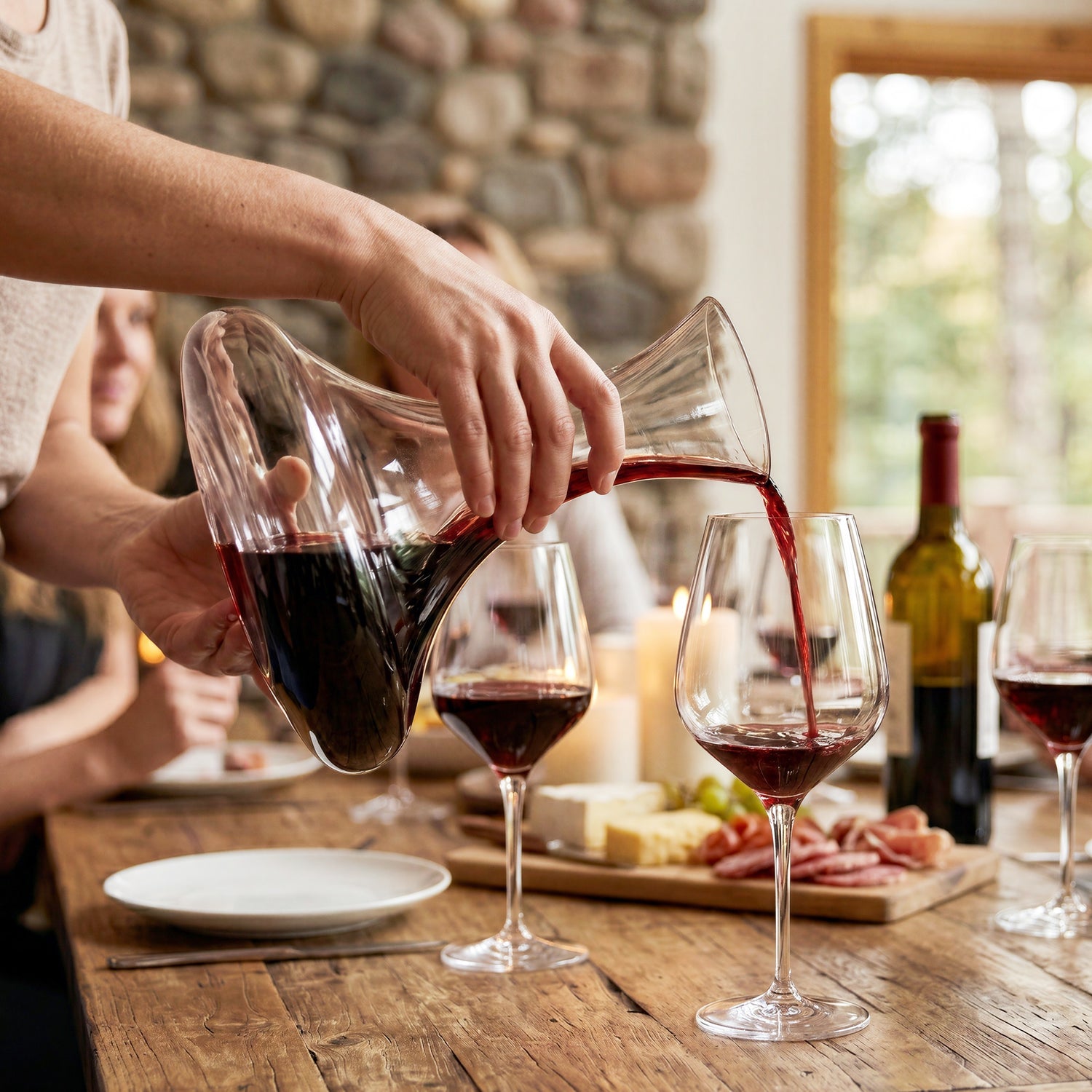 Final Touch Revolve Revolving Wine Decanter filled with red wine, being poured into a crystal glass during a rustic dinner party setting