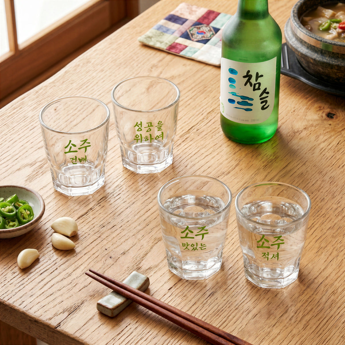 A lifestyle product photo of the Final Touch Soju Glasses Set of 4, featuring clear glass Korean-style shot glasses with unique green Hangul text on a wooden table setup next to a traditional green soju bottle and chopsticks. Two of the four multi-faceted heavy-base shot glasses are filled with clear soju.