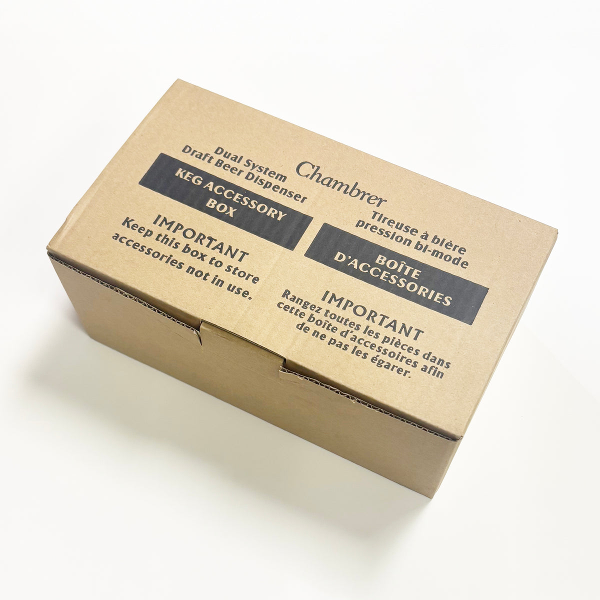Front angled view of brown cardboard packaging for a beer dispenser accessory kit.