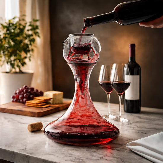 A red wine is being poured from a bottle into a glass decanter with the Conundrum Aerator + Revolve Decanter Wine Aeration.