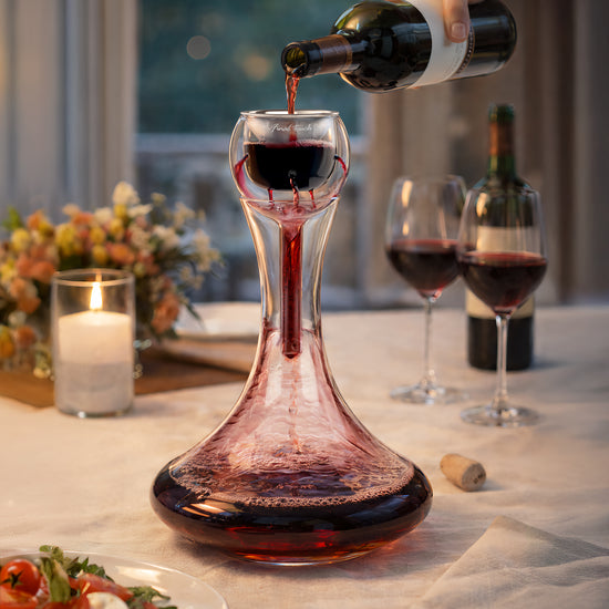 Red wine flows from a bottle into a double-wall glass aerator on a dining table.
