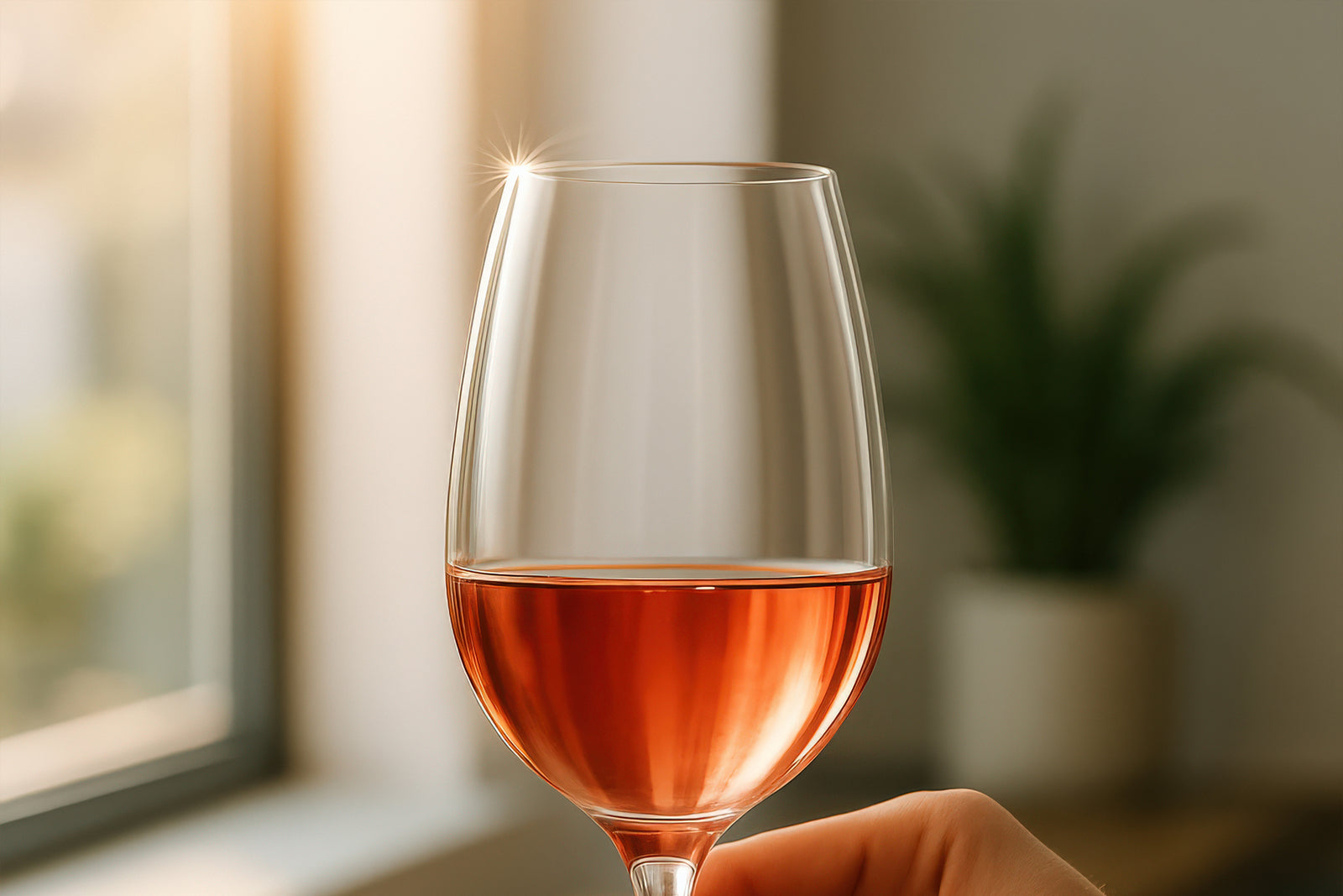 A Final Touch Wine Tasting Glass partially filled with rose-colored liquid, held by a hand in a softly lit indoor setting with a blurred window and plant in the background.