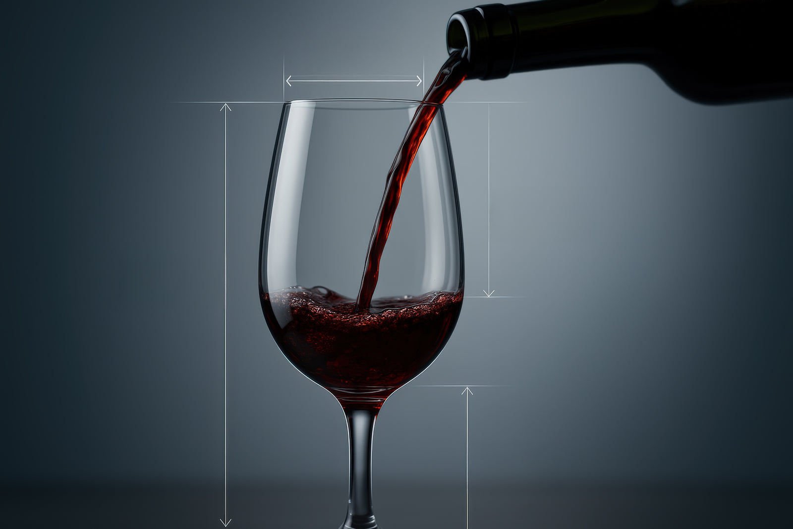 Red wine being poured from a dark bottle into a Final Touch Wine Tasting Glass against a dark grey gradient background, with subtle white dimension lines and arrows overlaid around the glass.