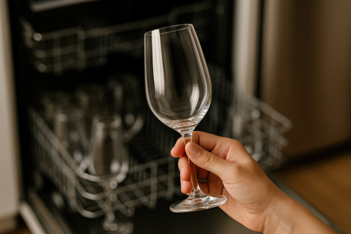A hand holding a Final Touch Wine Tasting Glass in front of an open dishwasher with other glassware inside, in a warm indoor setting.