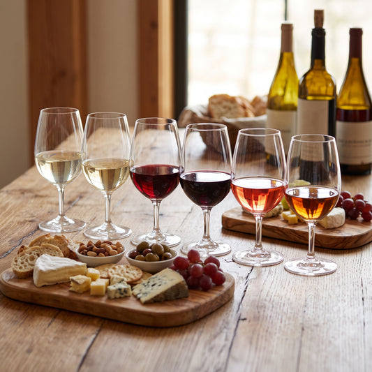 Final Touch ISO / INAO wine tasting glasses flight set lined up on a rustic wooden table filled with red, white, and rosé wine alongside a charcuterie board.