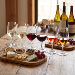 Final Touch ISO / INAO wine tasting glasses flight set lined up on a rustic wooden table filled with red, white, and rosé wine alongside a charcuterie board.