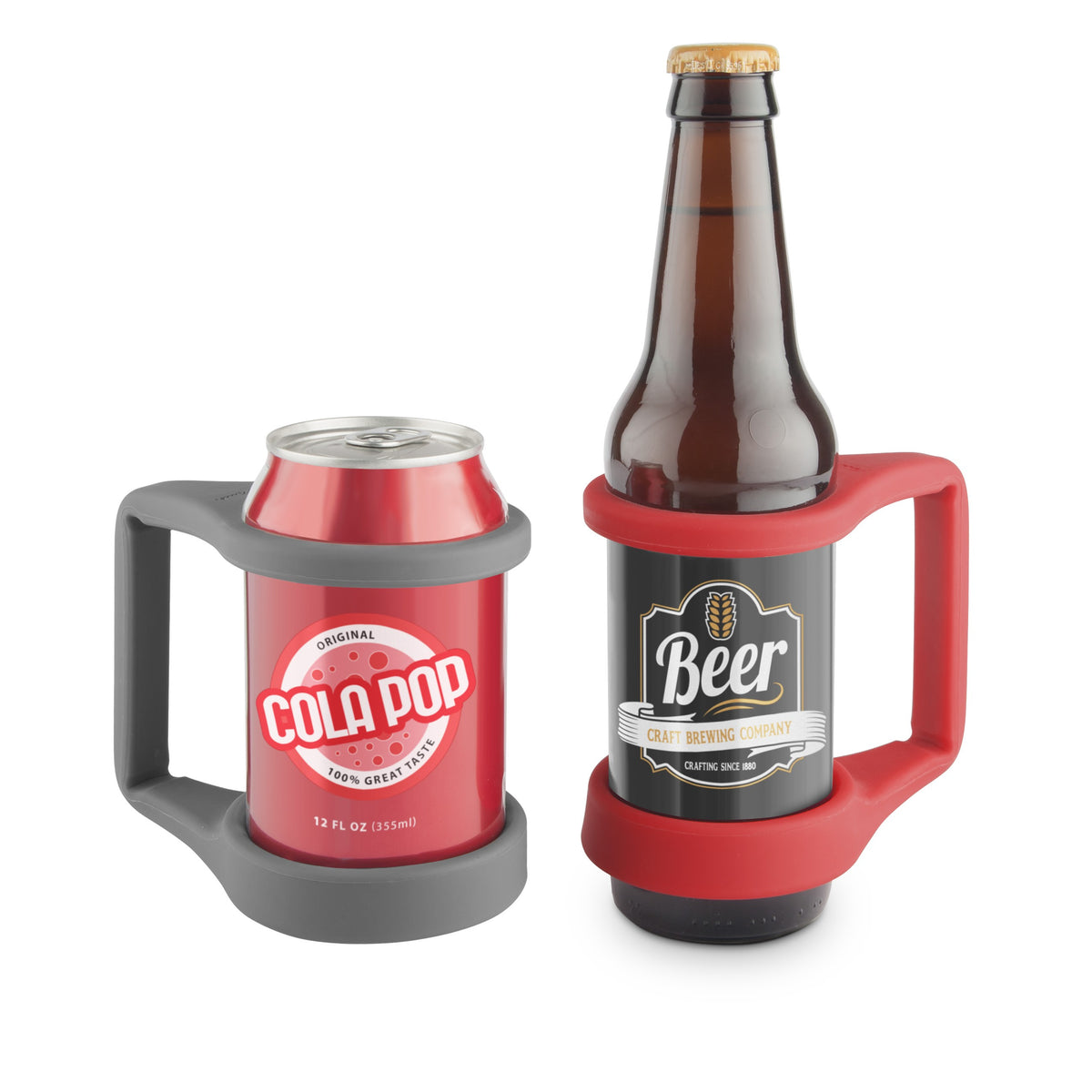 Red and gray silicone handle fits over can or bottle for convenient beverage holding.