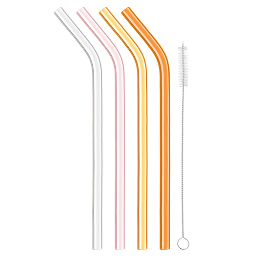 Reusable Glass Straws - Set of 4 - Clear, Pink, Yellow & Orange