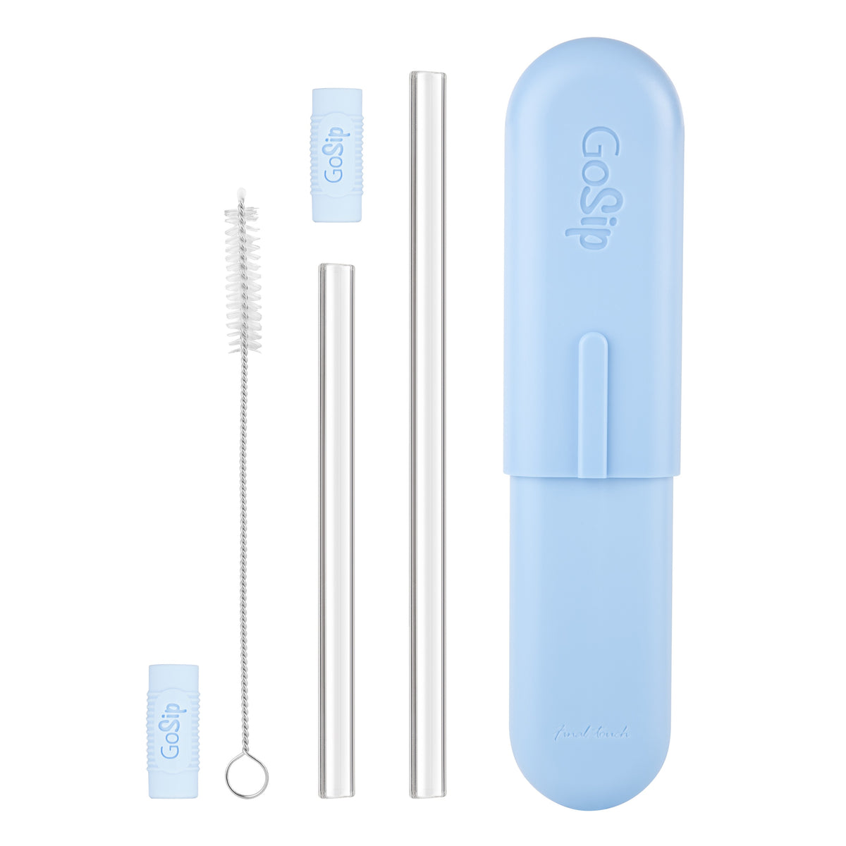 Light blue silicone straw case with two metal straws and cleaning brush included.