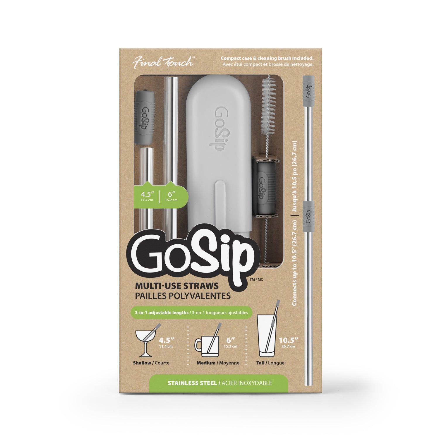 Final Touch GoSip Stainless Steel Adjustable Straws with Cleaning Brush &  Grey Compact Case