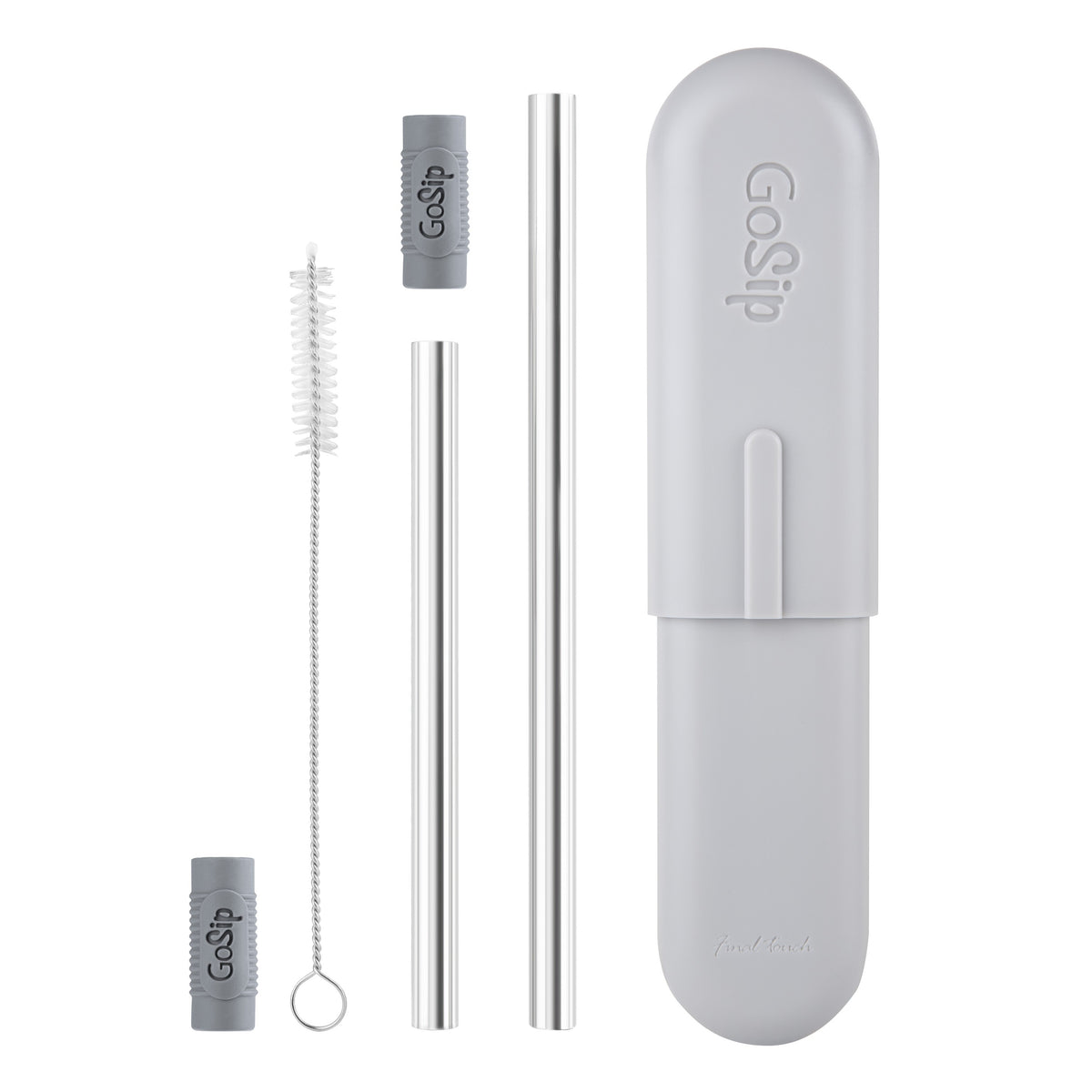 Light gray silicone case holds two metal straws and cleaning brush for travel use.